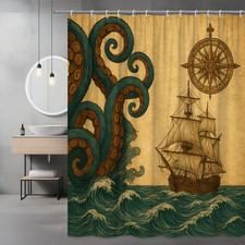 Nautical Octopus Shower Curtain, Ocean Waves, Vintage Style, Waterproof