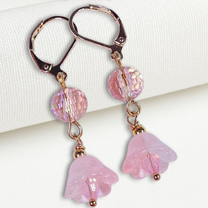 Authentic Pink Crystal Bell Flower Earrings Dangle Drop 14K Gold Plated Handmade