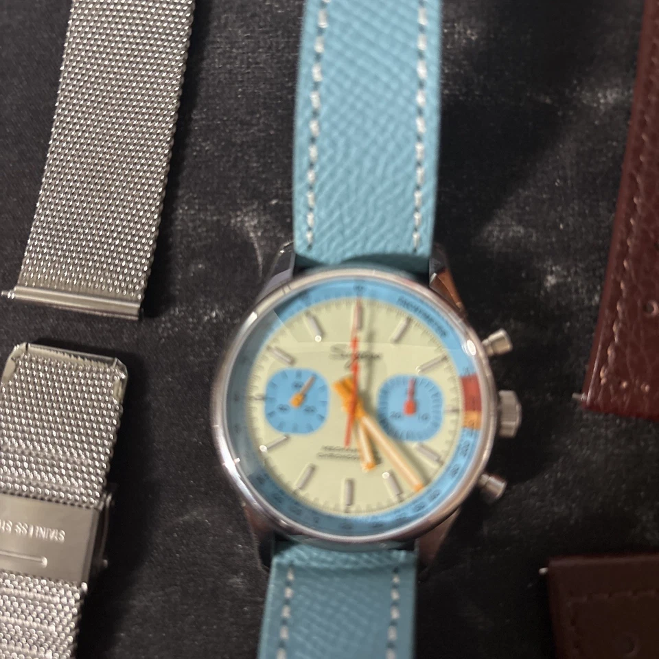 Cronógrafo mecánico Sugess azul y crema cuerda manual ST1901 cuello de cisne Foto 4 de 4