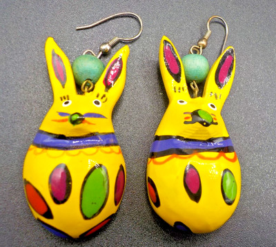 Fun & whimsical Vintage Bunny Earrings Hand Painted Wooden Womans Easter Rabbit