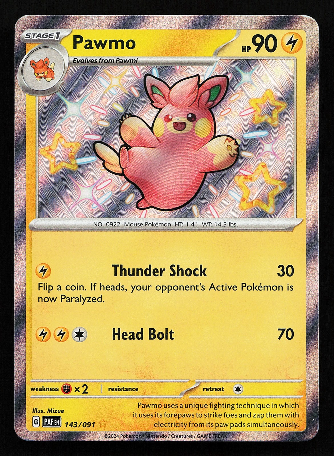 Pawmo 143/091 Shiny Holo Paldean Fates Pokémon Card