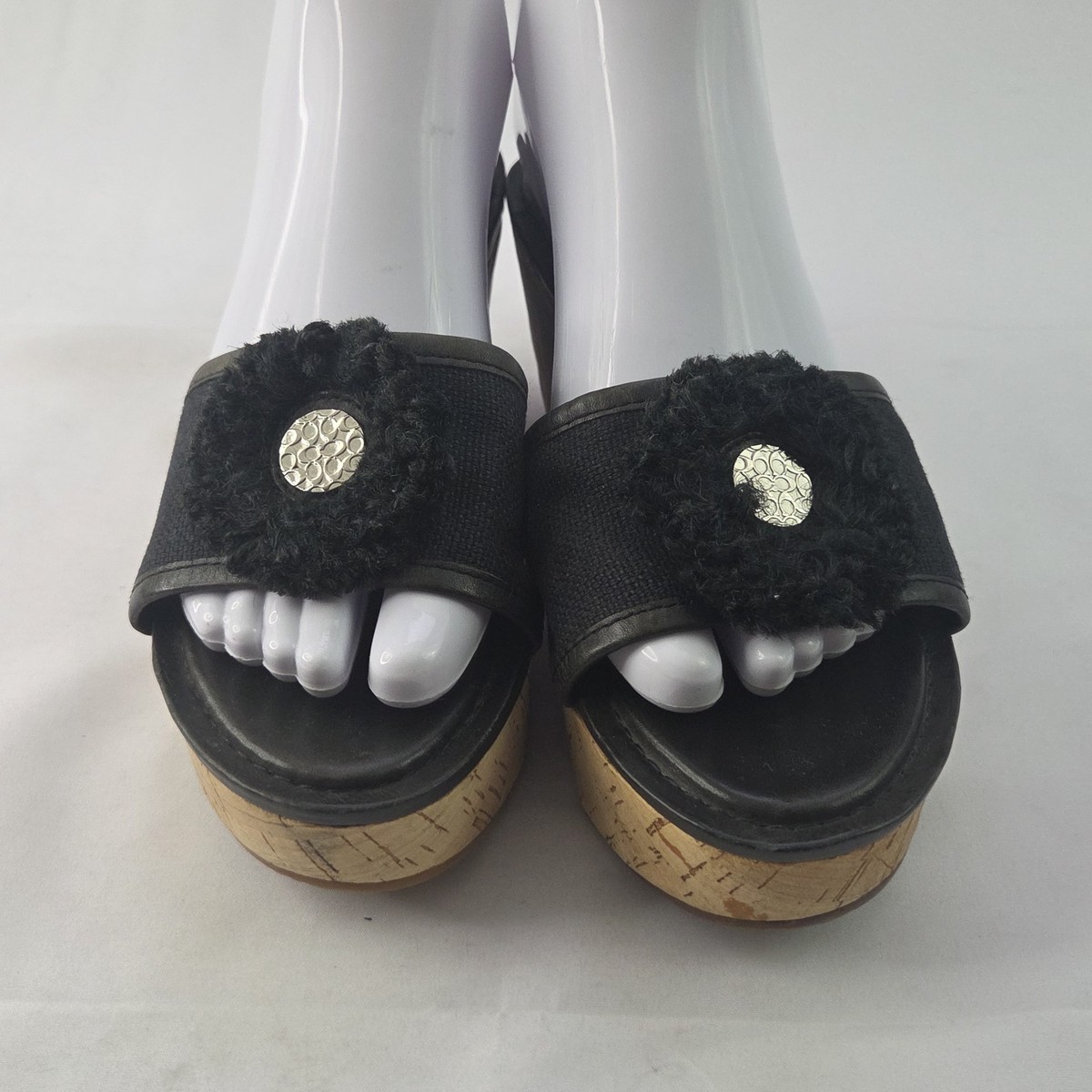 Coach Jazmin Sandals Womens Size 8.5 B Black Canvas Flower Slip On Wedge Slides View 5
