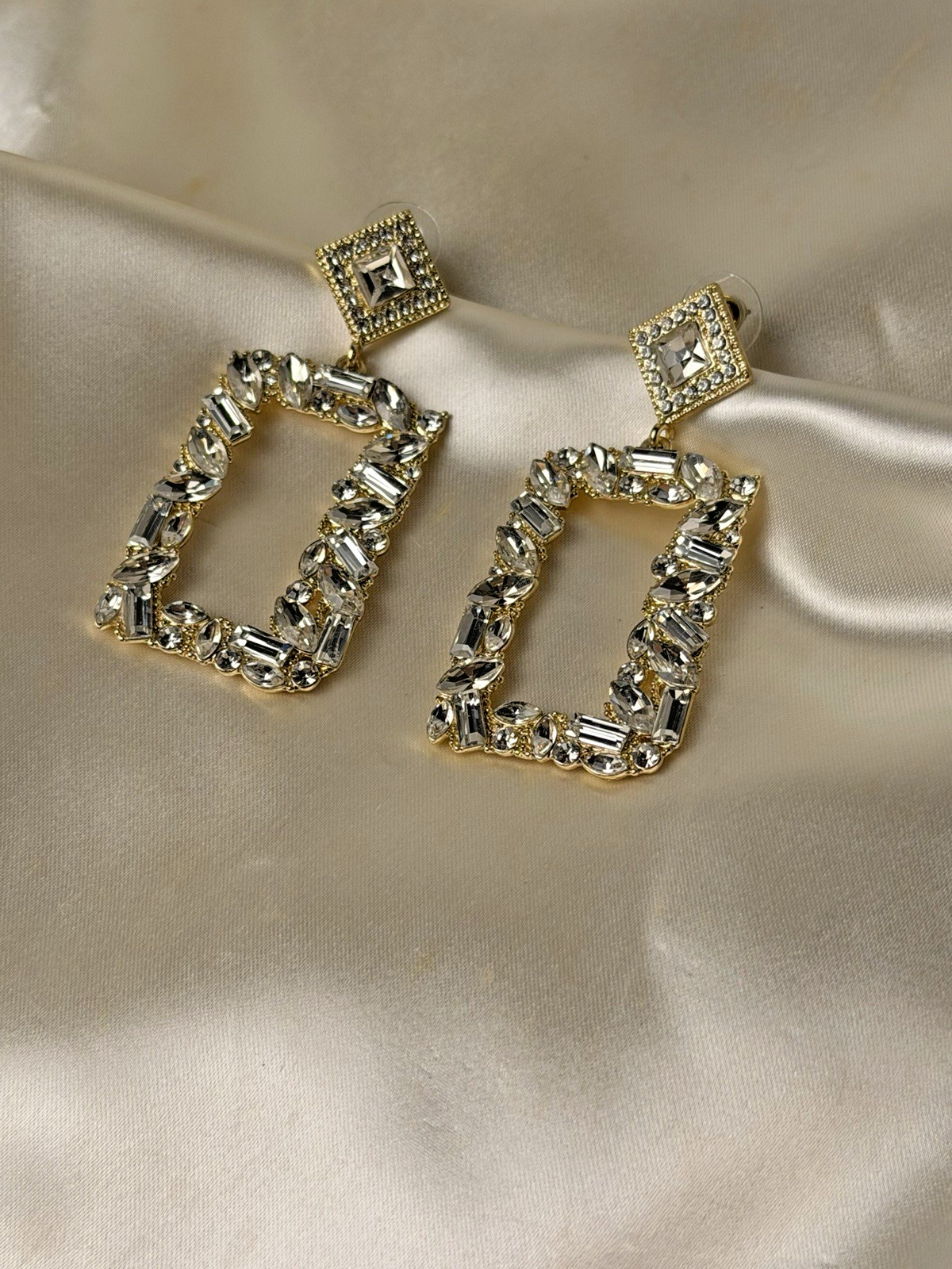 Gold Tone Rectangular Rhinestone Drop Earrings – … - image 17