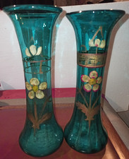 2 Ancien Vase bleu  en verre soufflet peint à la main 1900 états voir les photos
