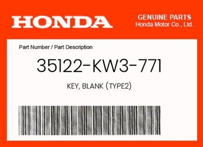 Honda Genuine Key, Blank (Type2) - 35122-Kw3-771