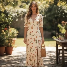 NWT Reformation Tulip Floral Cream Midi Dress Puff Sleeve V Neck Cottagecore