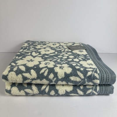 Loft by Loftex Bath Towels Blue & Cream Floral 100% Cotton Soft Set of 2 NEW