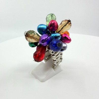 Silver Tone Multicolor Jingle Bell Bead Cluster Stretch Ring Chunky Statement
