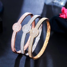 Trendy Cubic Zirconia Round Open Cuff Bangle Bracelet for Fiancee Cocktail Party