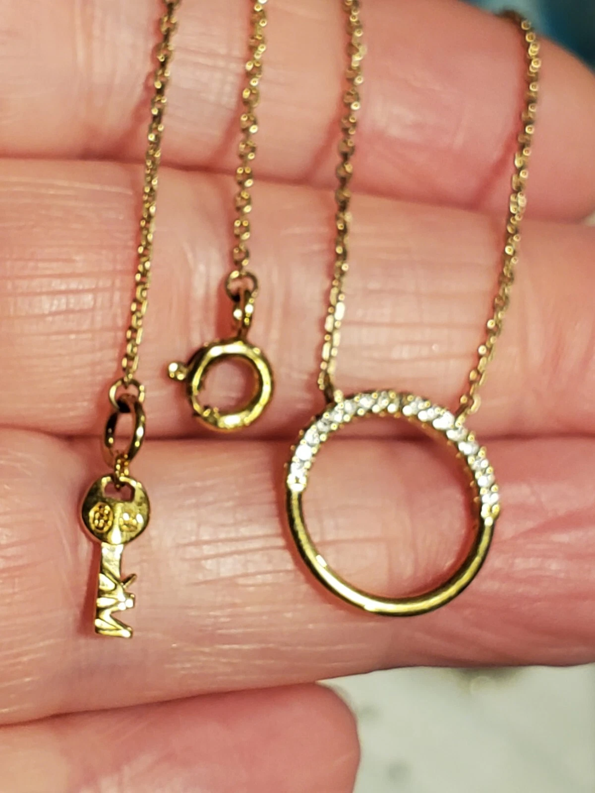 MICHAEL KORS Collana MK oro oltre 925 con ciondolo cerchio mezzo pavè 17"" HTF!