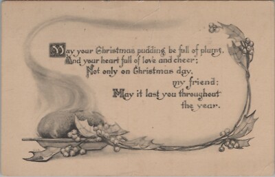 c1910 Christmas pudding drawing of platter food holly postcard C418