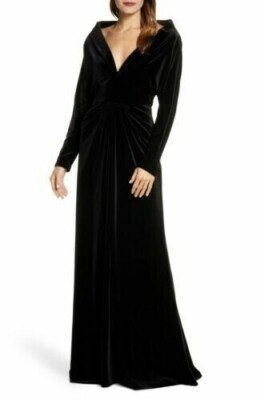 TADASHI SHOJI Black Velvet Malee Portrait Collar V-Neck Maxi Dress Gown XS = 0/2