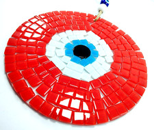 Red Mosaic Evil Eye Glass Bead, Turkish Handmade Big Amulet Wall Hanging 7.9"