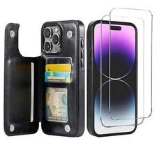 Wallet Case for iPhone 16 15 14 13 12 11 Pro Max XS XR SE with Screen Protector