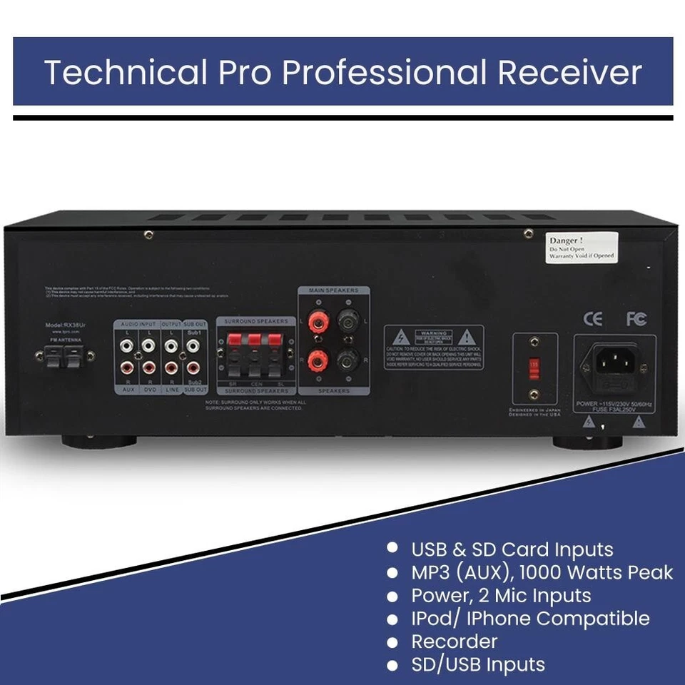 Stereo Receiver 1000 W w/ Set of 4 5.25” Ceiling Speakers USB and SD Card Inputs - Image 2 of 4