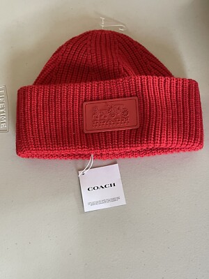 Coach Patch Logo Beanie Hat- Sport Red COACH WOOL BLEND LEATHER PATCH BEANIE IN SPORT RED ONE SIZE  main image 2