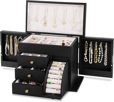 Elegant Black Wood Jewelry Box Organizer for Earrings, Necklaces & Rings