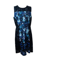 Roz Ali Dress 14 Black Blue Lace Floral Fit Flare Event Work Flowy Knee Length