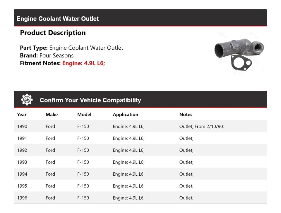 Para Ford F-150 1990-1996 4,9 L motor L6 salida de agua de refrigerante 4 estaciones 1991 1992 Foto 2 de 4