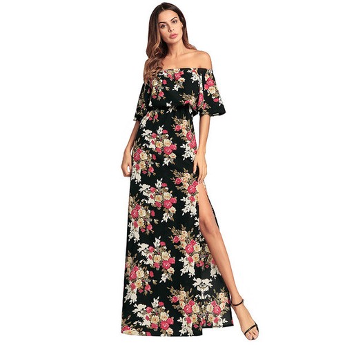 Elegante vestito abito donna lungo nero fiori rosa spacco maniche comodo  4312 | eBay