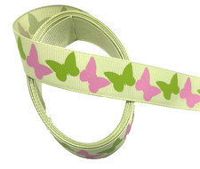 3 yds 7/8" Green and Pink Butterflies on Light Green Grosgrain Ribbon 100 poly