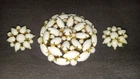 Vintage White Milk Glass  Gold Tone Brooch & Clip On Earrings Set Gorgeous!