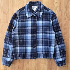 Pendleton Womems 4Petite Bomber Jacket Blue Plaid Button Front 100 Wool Preppy