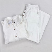 Free People Summer Cotton Poplin Pajama Pant Set Large White Short Sleeve