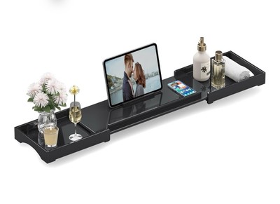 Expandable Over The Tub Bath Caddy 23-42.5in Waterproof Bathtub Tray Black