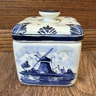 Delft Blue & White Windmill Square Ceramic Lidded Jar, Small 4x4x3.5''