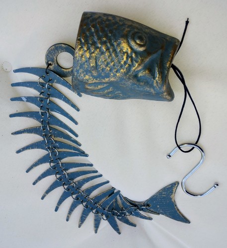 NEW Heavy Fish Skeleton Wind Chime Cast Brass Patina Articulated Hanging Decor! - Picture 3 of 5