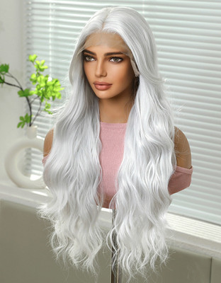 Silver White Long Wavy 13X6 Inches Lace Front Heat Resitant Fiber Wigs