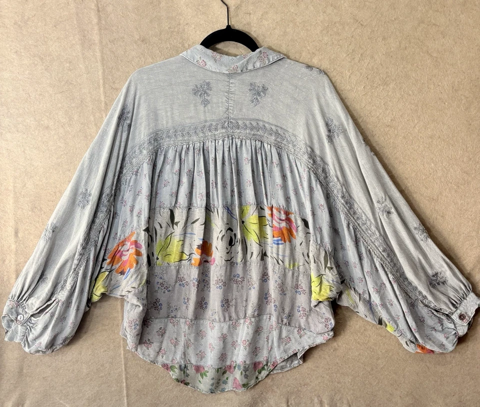 Young Threads Blouse Women XL Gray Patchwork Flowy Boho Peasant Cottagecore - Image 2 of 4