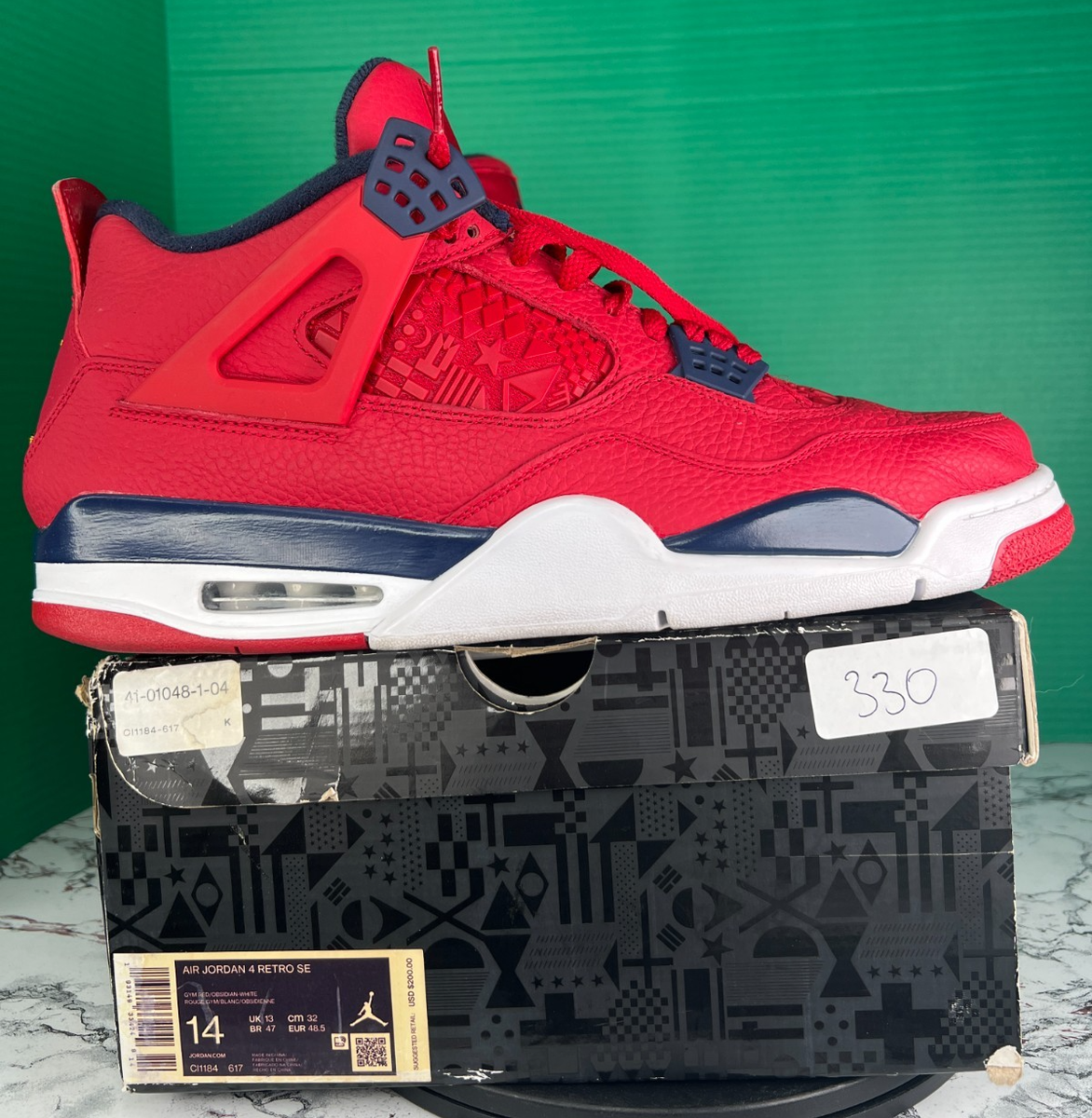 シューズ(男性用) NIKE AIR JORDAN4 RETRO FIBA (2019) Jordan 4 Retro SE FIBA 2019 Men's Size 14 Gym Red Obsidian White