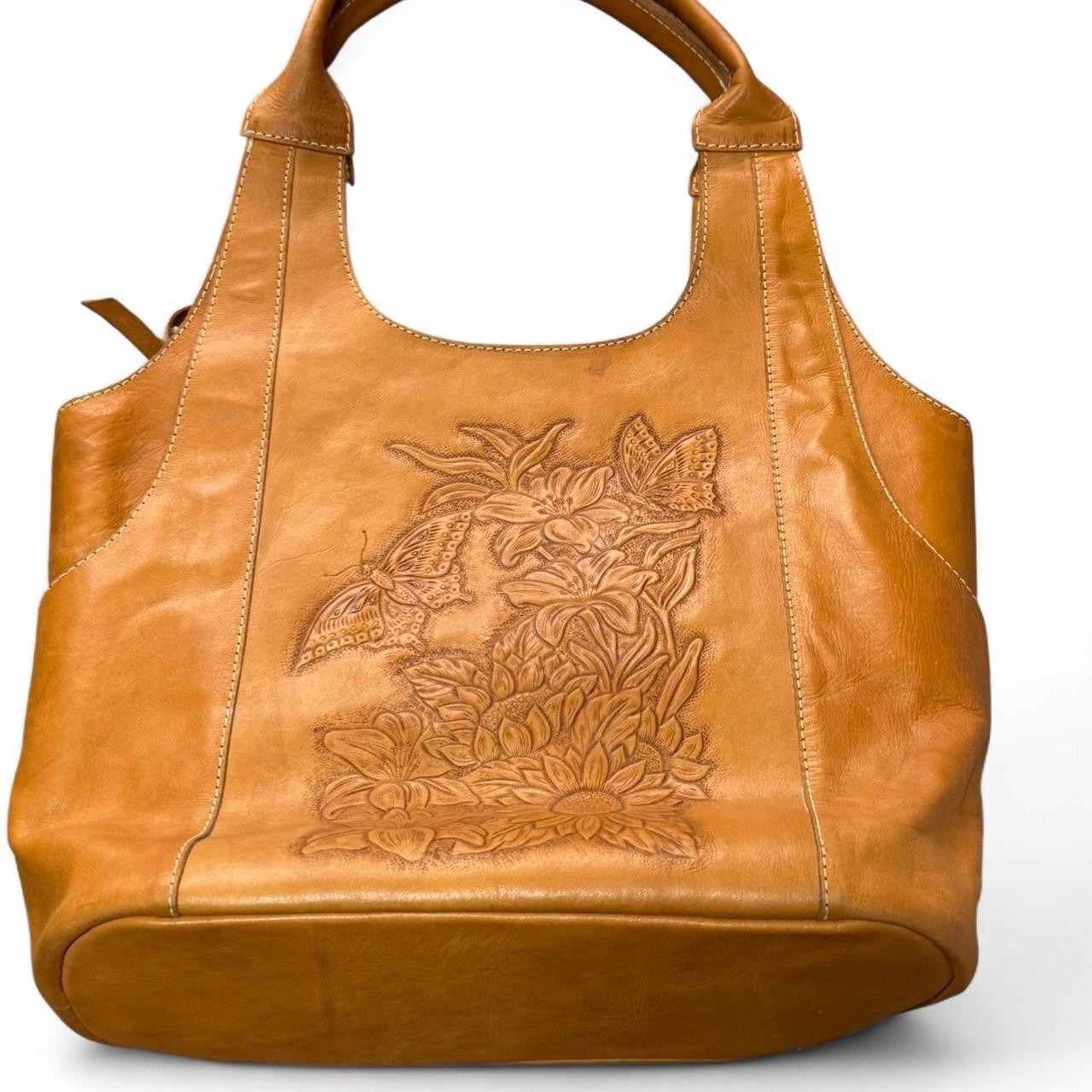 Vintage Bag 70s Floral Tooled Leather Style Western Boho Handbag Purse Tan Zip