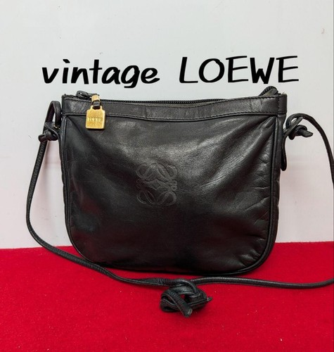 LOEWE Anagram Vintage Shoulder Bag Nappa Leather Black Gold Women Rare EUC