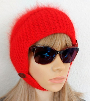 Aviator Bonnet, Hand knitted Fluffy Angora hat, Knitted Wool Hat, Beanie Hat's