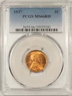 1937 LINCOLN CENT - PCGS MS-66 RD, RED AND PREMIUM QUALITY!