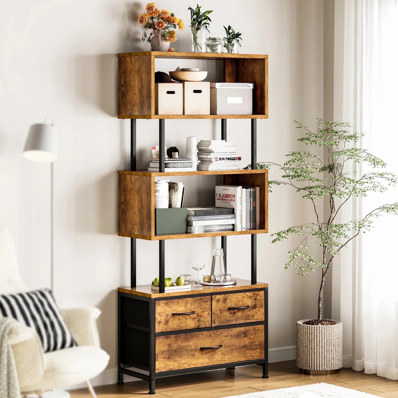📚 5-Tier Bookshelf with 3 Drawers – Industrial Wood & Metal Storage Shelf