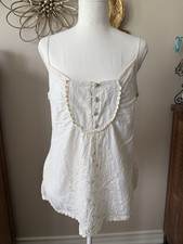 Embroidered Boho Tank Top Ivory Lace Trim Camisole Size M