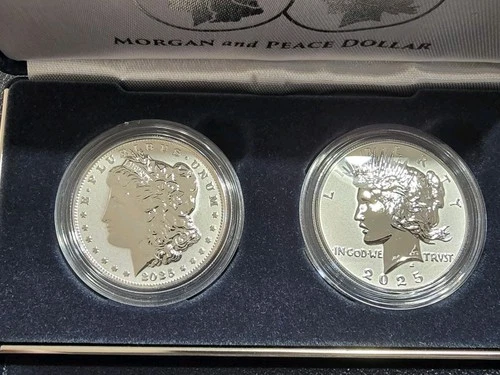 2-Coin Set 2025 $1 S Reverse Proof Silver Peace & Morgan Dollar with Box and COA