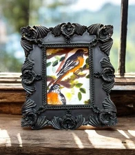 Oriole & Robin birds miniature watercolor print in vintage style ornate frame