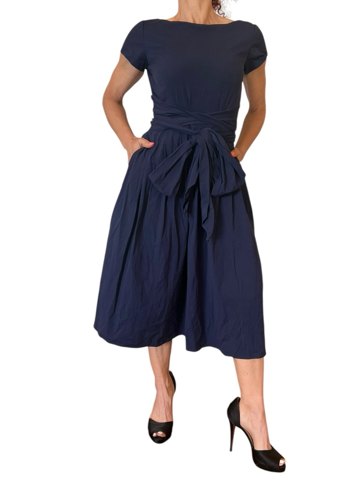 ABITO BLU NAVY COLLEZIONE MICHAEL KORS COTONE FIOCCO FASCIA MIDI BATEAU COLLO CAPPUCCIO MANICA 2