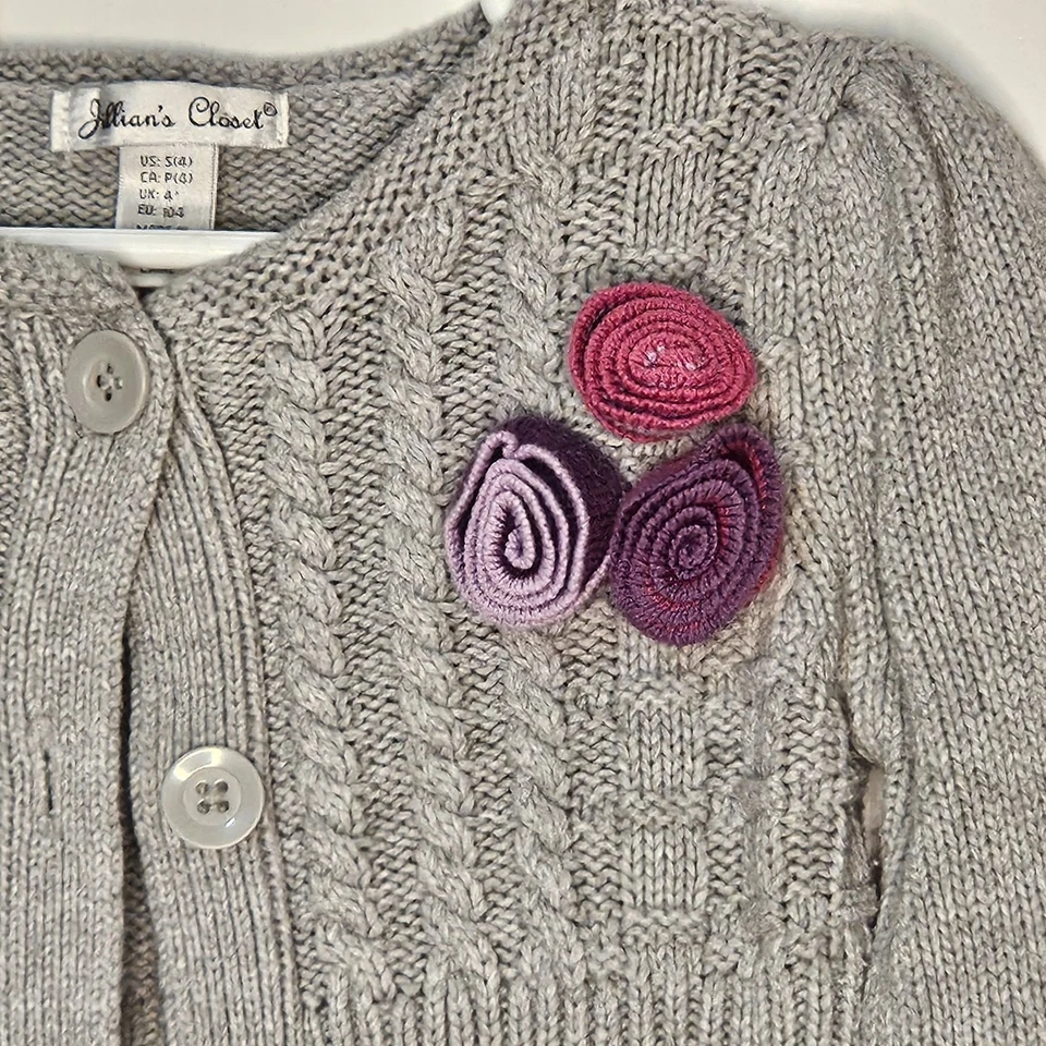 Girls Jillians Closet cable knit basketweave pattern floral rosette sweater S 4 - Image 3 of 4