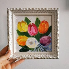 Bouquet Tulips Painting Impasto Oil Painting Original Art No Frame 6x6"