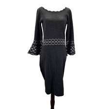Roz & Ali Sweater Dress Womens Size S Knit Scallop Round Neck Bell Sleeve Black