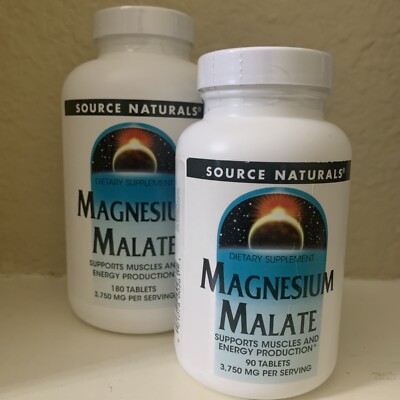 Source Naturals Magnesium Malate 3,750 mg/serv 180 & 90 Capsules Dairy/Egg Free