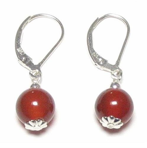 Boucles d'oreilles arrière véritable levier perle de jade rouge 8 mm argent sterling 925 - Photo 1 sur 1