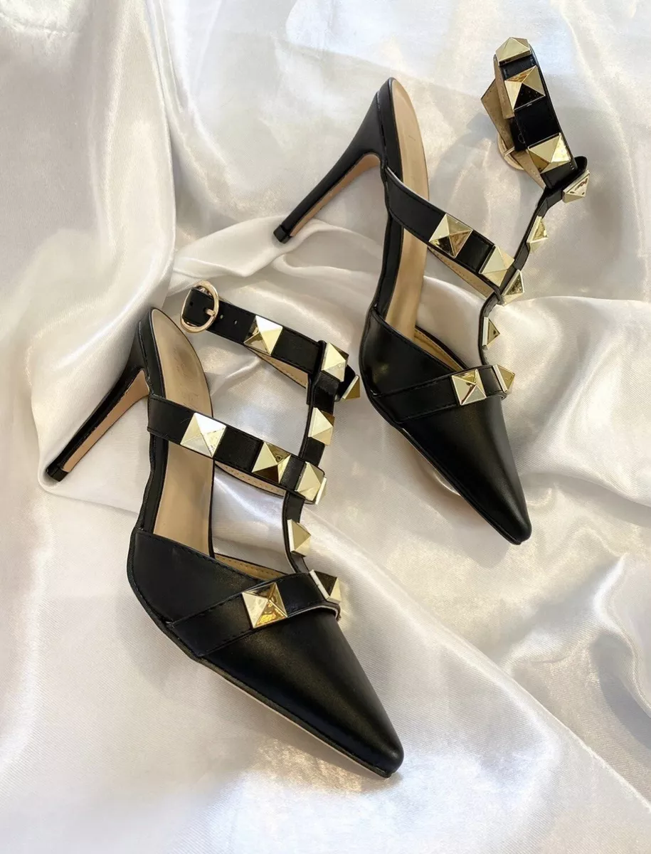 Nicole Miller Black Studded Strappy Leather Heels Jazy NM Sz 8 eBay