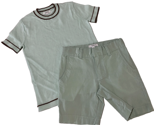 GARCON A MOI'FINE KNIT COTTON S/S PALE GREEN SWEATER & GREEN SHORTS SZ.4/6